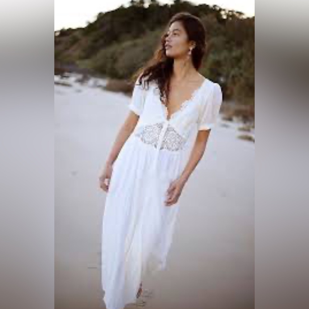 Free People White Lace-Waist V-Neck Maxi Dress